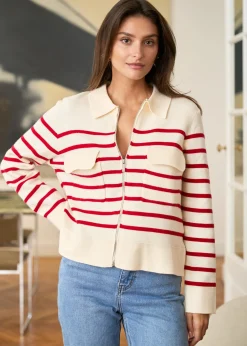 Motus Boutique Mailles^Gilet Gaetane RayéEcruRouge-GiletGaetane