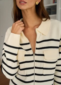 Motus Boutique Mailles^Gilet Gaetane RayéEcruNoir-GiletGaetane